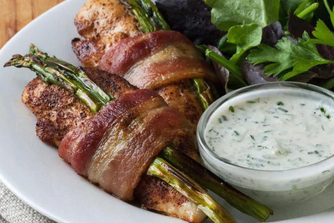 Bacon-Wrapped Chicken Tenders with Cucumber-Ranch Dressing
