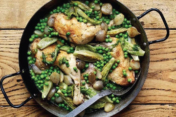 Spring chicken with braised lettuce and peas