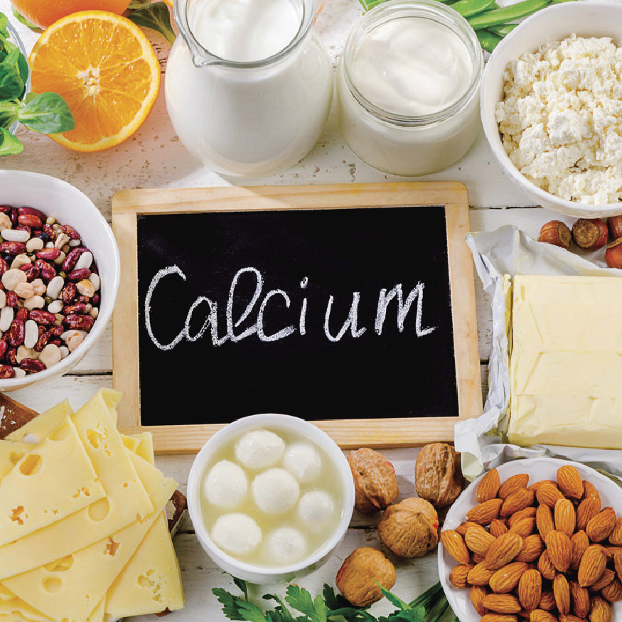 Various calcium-rich food like milk and nuts